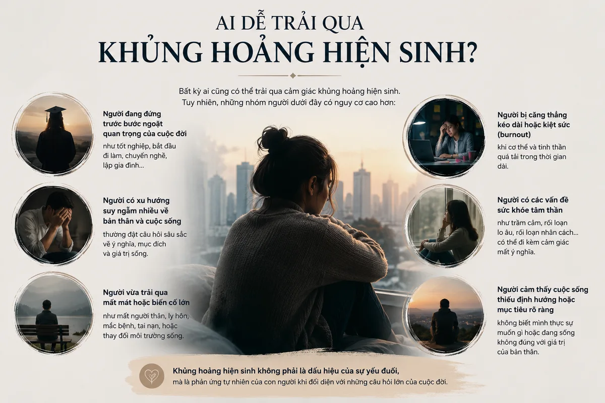 Ai dễ trải qua khủng hoảng hiện sinh: người đứng trước bước ngoặt, người hay suy ngẫm sâu, người vừa trải qua mất mát hoặc kiệt sức kéo dài
