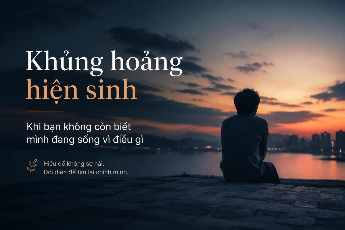 Khủng hoảng hiện sinh — một người ngồi một mình nhìn về phía hoàng hôn bên bờ nước, khi không còn biết mình đang sống vì điều gì