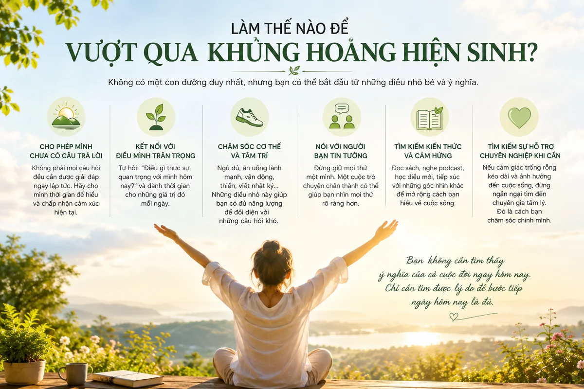 Làm thế nào để vượt qua khủng hoảng hiện sinh: cho phép mình chưa có câu trả lời, kết nối với điều mình trân trọng, chăm sóc cơ thể và tâm trí, tìm kiếm sự hỗ trợ