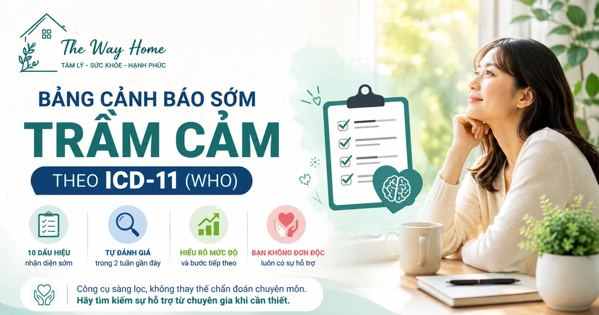 Bảng cảnh báo sớm Trầm cảm theo ICD-11 (WHO) — The Way Home: 10 dấu hiệu, tự đánh giá, hiểu rõ mức độ và an không cần lo lắng