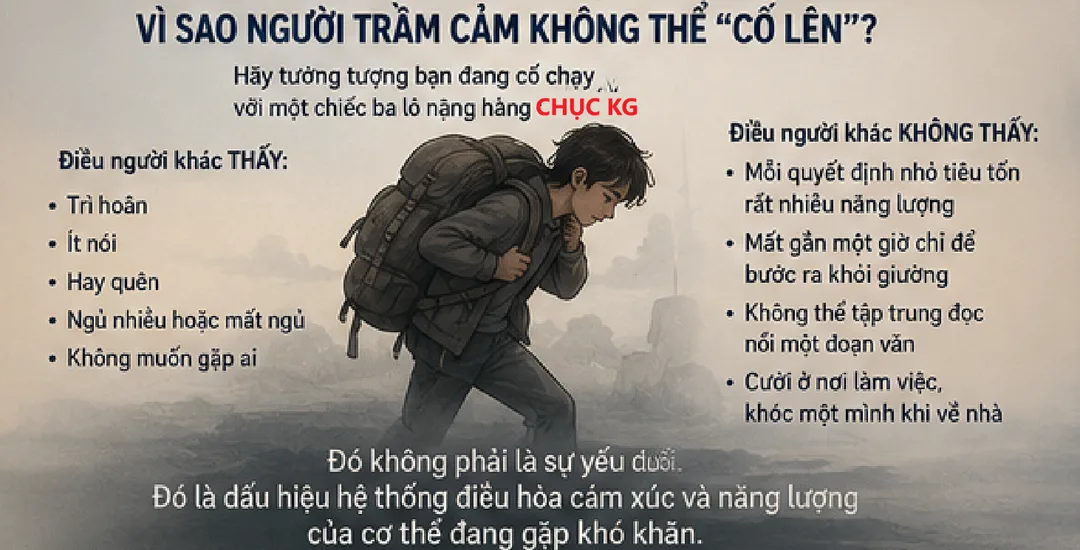 Vì sao người trầm cảm không thể cố lên: người mang ba lô nặng đang gắng bước đi — điều người khác thấy và điều họ không thấy