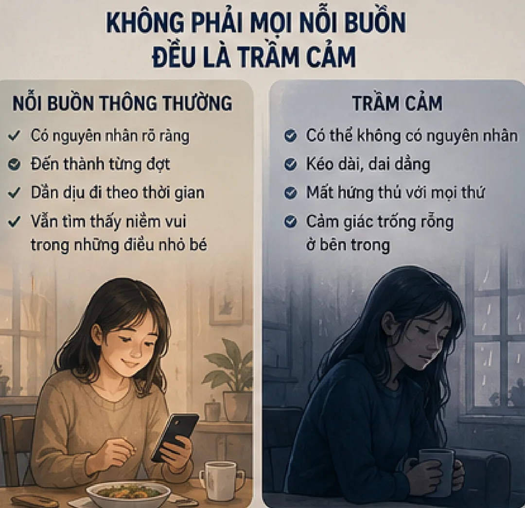 Không phải mọi nỗi buồn đều là trầm cảm: nỗi buồn thông thường có nguyên nhân rõ ràng và dịu đi theo thời gian, trong khi trầm cảm kéo dài, dai dẳng và để lại cảm giác trống rỗng