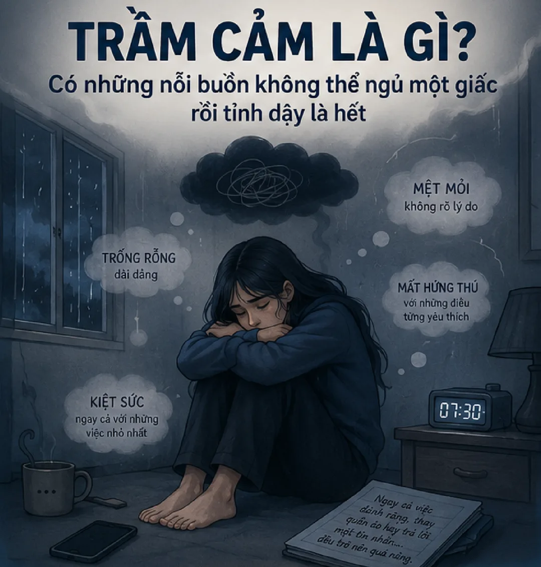 Trầm cảm là gì: một người ngồi thu mình trong căn phòng tối với cảm giác trống rỗng, mệt mỏi không rõ lý do, mất hứng thú và kiệt sức