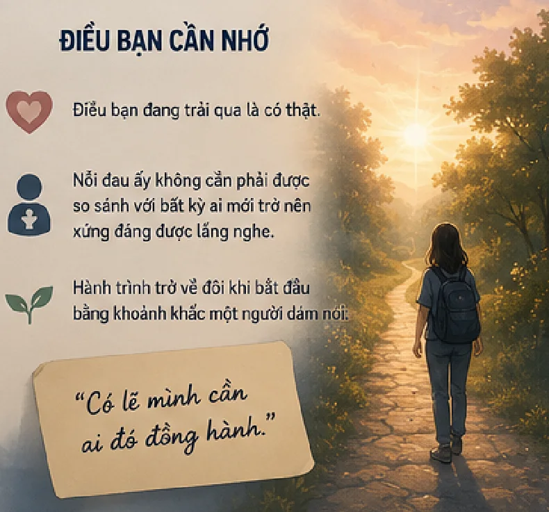 Một người bước về phía ánh hoàng hôn cuối con đường: hành trình trở về bắt đầu từ khoảnh khắc dám nói ra
