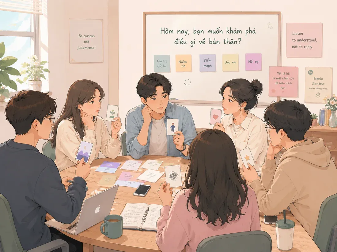 Mọi người cùng ngồi quanh bàn, trò chuyện và khám phá bản thân trong buổi workshop